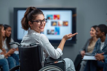 Young designer in sleek wheelchair presents vibrant visuals to engaged diverse creative team