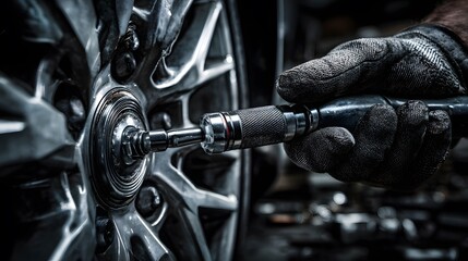 Mechanic using a tool to work on a car wheel in a workshop