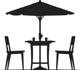 Outdoor cafe table setting with umbrella and two chairs silhouette