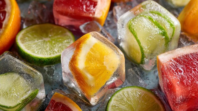 Refreshing citrus fruit frozen in ice cubes for vibrant summer cocktails and drinks photography, promising cool refreshment and modern food presentation