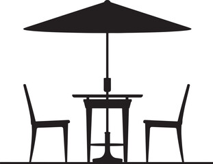 Outdoor dining table with chairs and umbrella in black silhouette vector