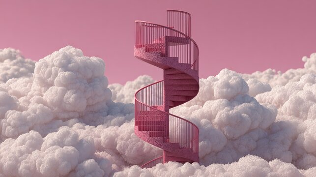 Dreamy pink spiral staircase winding through fluffy white clouds against a pastel pink sky, perfect for fantasy or escape concepts, surreal and whimsical
