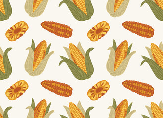 Hand‑drawn sweet corn cobs in contour lines create a natural, seamless pattern on a light monochrome background, suitable for textile prints, wrapping paper, and wallpaper