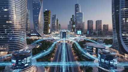 Futuristic Cityscape with Data Streams - This video showcases a modern city skyline with towering skyscrapers and flowing digital data streams. - Powered by Adobe