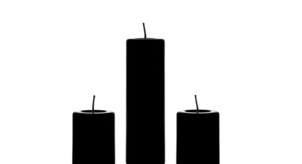 Three black wax candles of different heights isolated on transparent background are arranged in a row for decoration