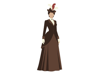 A cheerful woman depicted in a flat vector illustration wearing everyday clothing from the 1900s, sporting a retro dress, hat, and handbag, set against a white background, showcasing 19th‑century