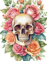White skull in a wreath of flowers roses watercolor work.