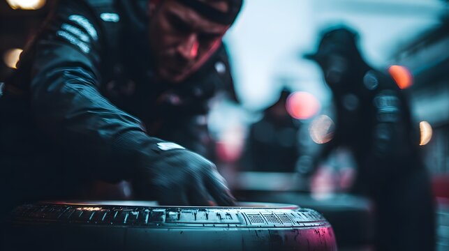 mechanic working on a race car tire in the pit lane before a competition