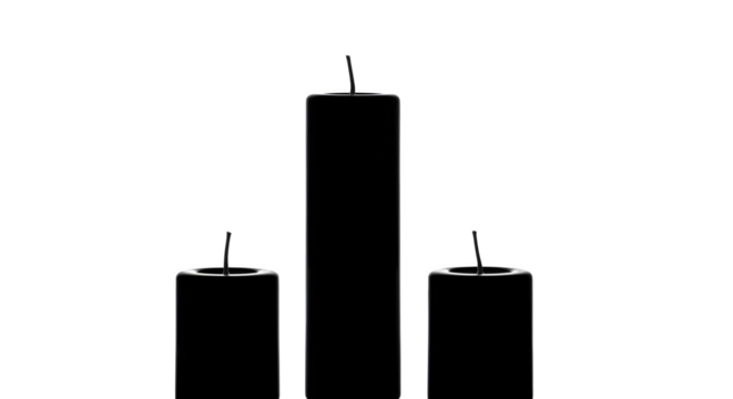 Three black wax candles of different heights isolated on transparent background are arranged in a row for decoration