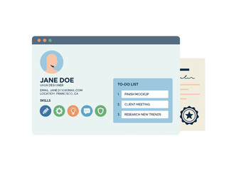 A profile card displaying personal details, data, customer stats, and abstract metrics; an account featuring an avatar, personal ranking, and rating evaluation; a flat vector illustration set against