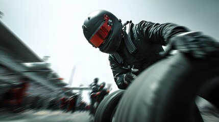 Formula One pit crew member changing a tire during a race