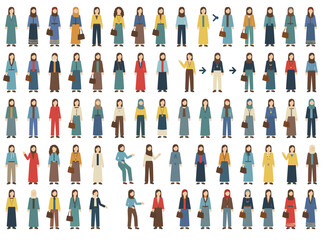A modern Arab businesswoman construction or creation kit featuring a bundle of female office worker body parts, facial expressions, and traditional clothing isolated on a white background, rendered