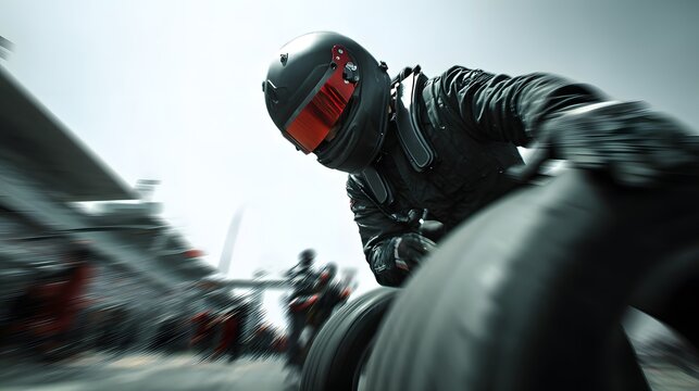 Formula One pit crew member changing a tire during a race