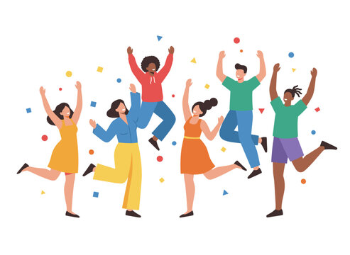 A cheerful portrait of a diverse group of young international friends standing together, symbolizing social unity, a multiracial team, and a positive community, rendered as a flat vector illustration