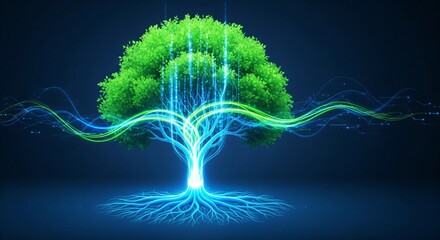Glowing Abstract Growth Tree with Root and Canopy Connection. growth tree with luminous blue roots connecting to the base and bright green canopy. Represents mentorship, growth, investment