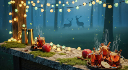 Festive outdoor gathering with warm drinks and apples under string lights in a magical forest at dusk.