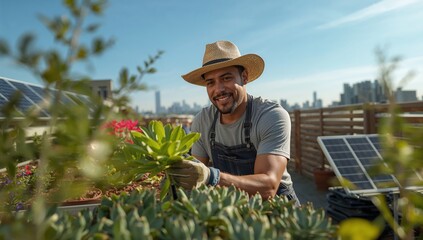 Obraz premium A gardener carefully trims lush rooftop plants beneath shining solar panels under warm sunlight