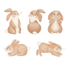 A set of cute bunnies in various poses  in muted pastel tones on a white background