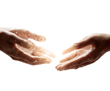Two hands reaching toward each other, covered in a fine, light dusting, resembling snow or glitter.  The hands are light-toned, and the image has a soft, ethereal quality.  Against a dark background