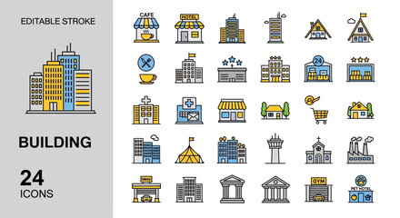 Set of building icons with a flat design, suitable for various applications