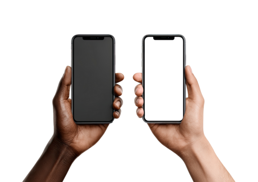 Two hands hold smartphones, one black screen, one white