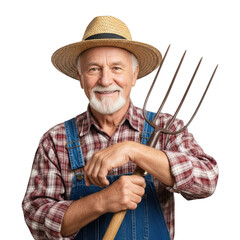 Fototapeta premium Smiling farmer with pitchfork isolated on transparent background