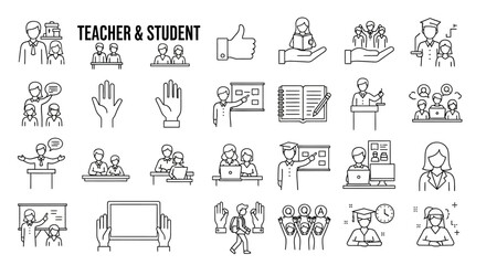 A sleek line icon collection illustrating education concepts like teaching, online learning, student life, and graduation