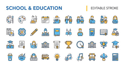 Collection of educational icons with school, learning, and knowledge themes