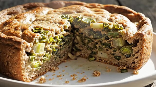 Savory Leek Tart Cut Open - A delicious looking savory tart is shown with a large wedge cut out, revealing a creamy leek filling.