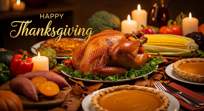 Festive Thanksgiving table display featuring a roasted turkey, pumpkin pie, vegetables, and burning candle, representing holiday celebration and gratitude