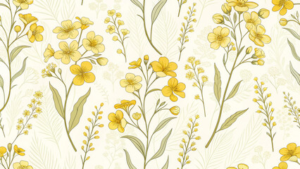 A repeating pattern of yellow flowers and green leaves on a light background in a floral design