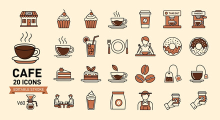 Chic Line Art Icon Set for Cafe and Coffee Enthusiasts, Illustrating Hot Drinks, Sweet Treats, and Essential Shop Elements with a Clean Aesthetic