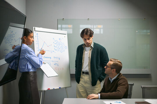 Young adult Asian woman presenting business data on flip chart to two young adult Caucasian men, listening attentively in modern office meeting room during team discussion