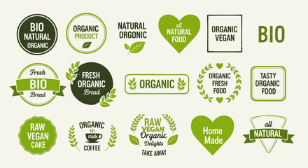 Collection of organic food labels and natural product badges. Eco-friendly bio, vegan, and fresh designs for sustainable branding and healthy eating