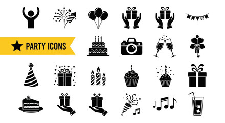 Set of graphic party celebration icons for events and festivities, including gifts, cakes, and music notes