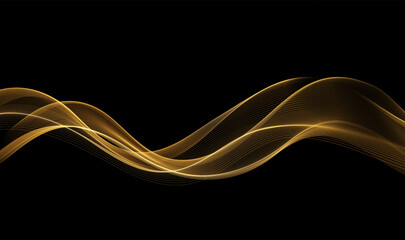 Fototapeta na wymiar Vector Abstract Shiny Glowing Gold Color Wave. Transparent Golden Wavy Lines. Elegant Luxury background. Black BG