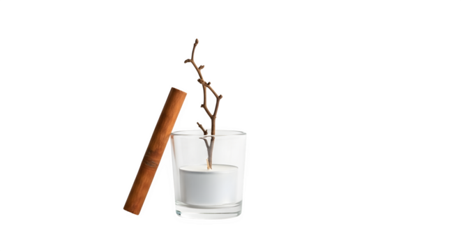 Aromatic cinnamon stick leaning against a glass of water with a small branch, creating a natural and calming atmosphere isolated on transparent background