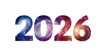 The year 2026 filled with a vibrant galaxy pattern, symbolizing the vastness of time and the endless possibilities of the future isolated on transparent background