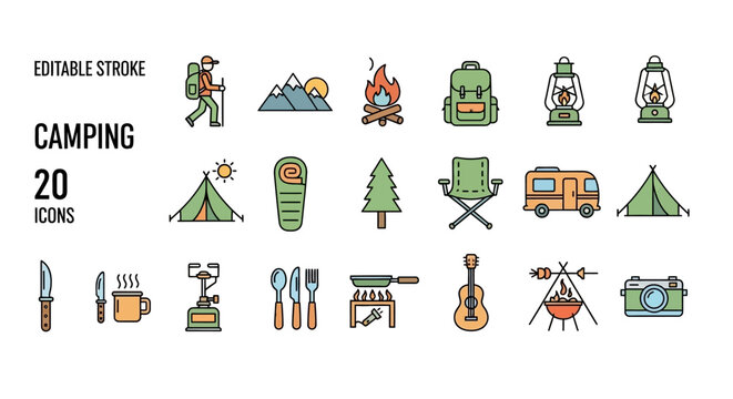 Vector collection of 20 editable stroke icons representing camping and outdoor activities, including tents, hikers, and equipment