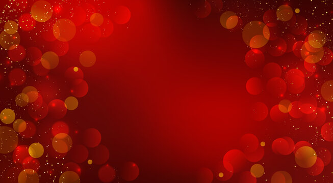 Shiny Festive Background. Abstract Red Gold Glitter Background. Bokeh and Confetti Design Element for Merry Christmas and Happy New Year Banner, Poster, Website Congratulations. Holiday Party BG.