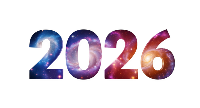 The year 2026 filled with a vibrant galaxy pattern, symbolizing the vastness of time and the endless possibilities of the future isolated on transparent background