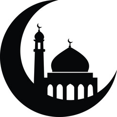This striking design features a sleek silhouette of a mosque nestled within a crescent moon, symbolizing peace and spirituality. The crescent and mosque design is perfect for various applications, inc