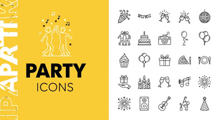 Vibrant Collection of Celebration and Party Line Icons for Festive Occasions and Social Gatherings