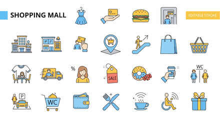 Colorful Shopping Mall Icons Vector Set for Retail Concepts