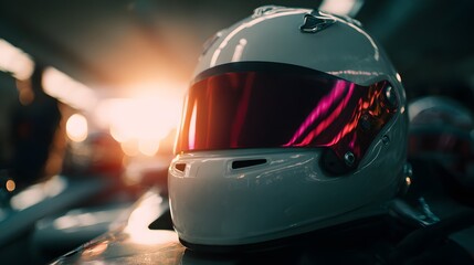 Racing helmet with visor in a garage setting with soft lighting