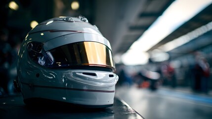 Racing helmet on a pit lane table, ready for the next race