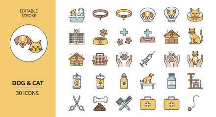 Sleek and vibrant outline icon set for pet care, featuring dogs, cats, veterinary services, grooming, and essential animal accessories