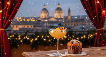 Obraz premium Festive Panettone and Cocktail with Snowfall over Rome's Domes, Celebrating Christmas Magic and Italian Delights.