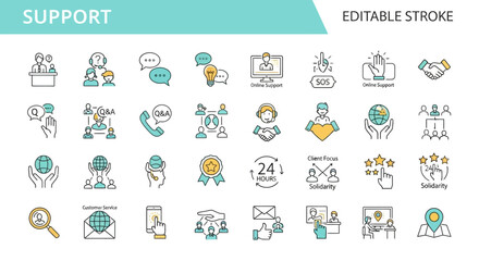 Diverse collection of clean and modern line icons representing support, customer service, and collaboration