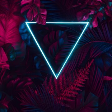 Neon Triangle Frame in Tropical Dark Leaves

Glowing Inverted Triangle with Futuristic Jungle Background

Neon Light Shape Over Abstract Tropical Foliage

Futuristic Neon Triangle in Dark Botanical Sc
